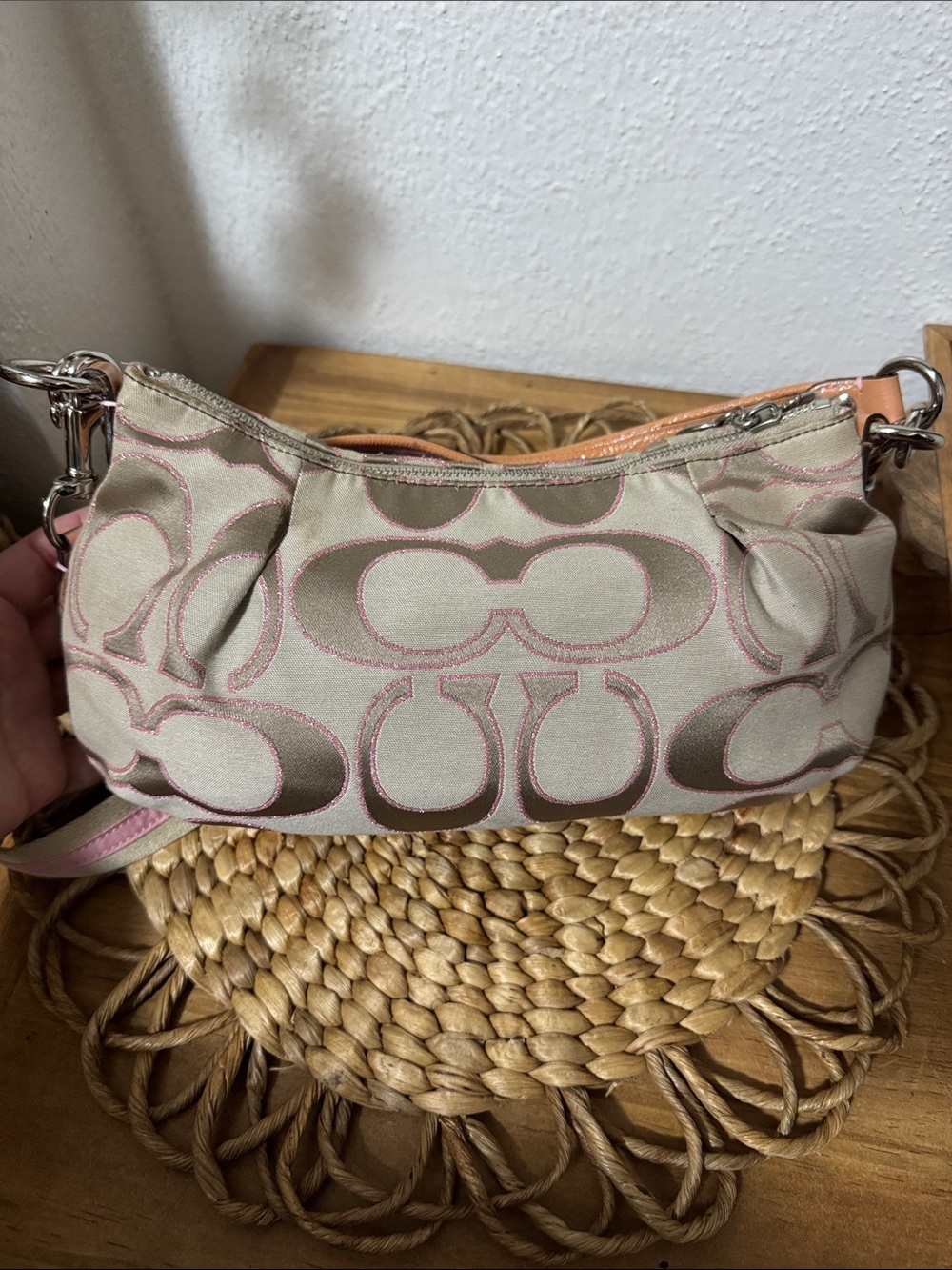 Coach Poppy Beige and Pink Signature Canvas Crossbody Purse - Vintage - Picture 9 of 17